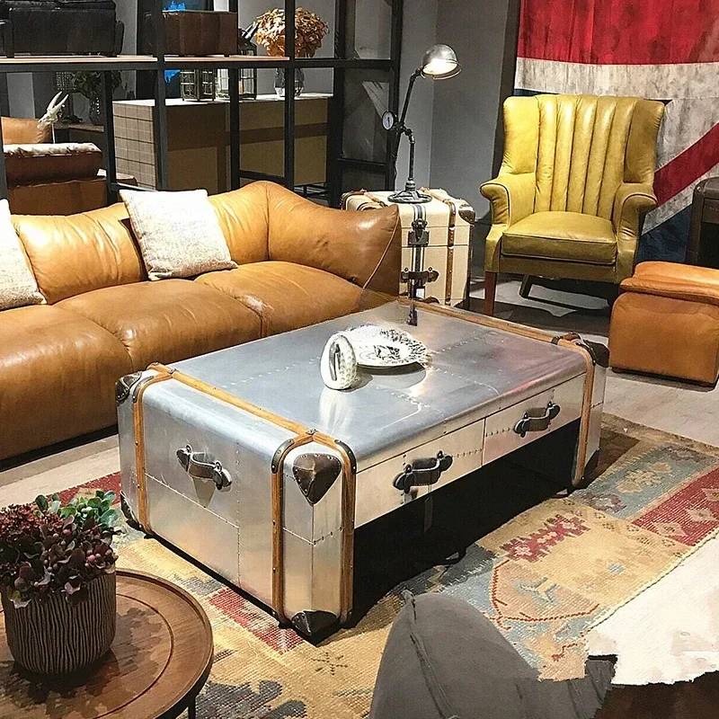 AAss NewFurniture American Retro Industrial Style Aluminum Bar Metal Leather Suitcase Coffee Table
