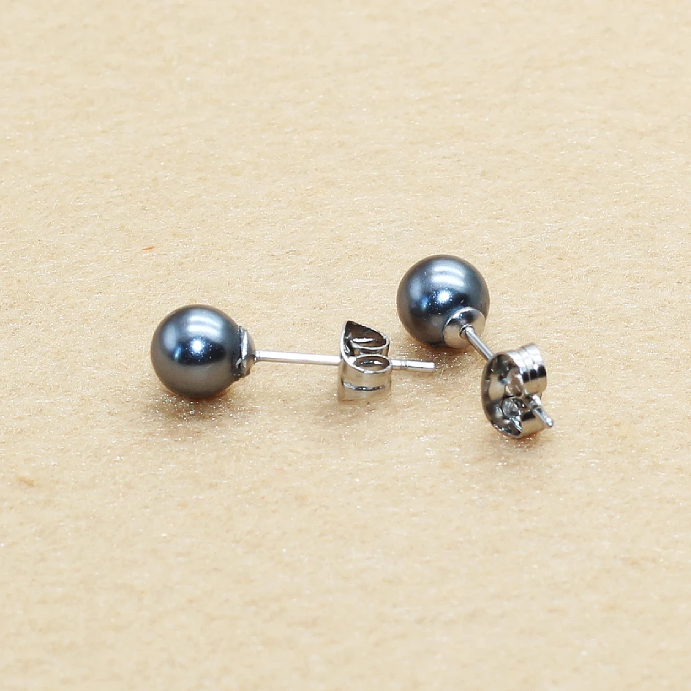 Hypoallergenic Brief Delicate Dark Gray Shell Round Beads Stainless Steel Stud Earrings For Men And Women No Fade Allergy Free