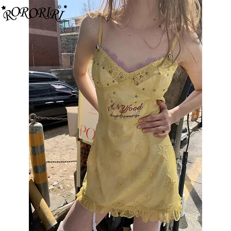 RORORIRI Romantic Butterfly Embroidery Mini Dress Women Y2k Retro Spaghetti Straps Lace V-neck Frill Trim Desire One-piece Dress