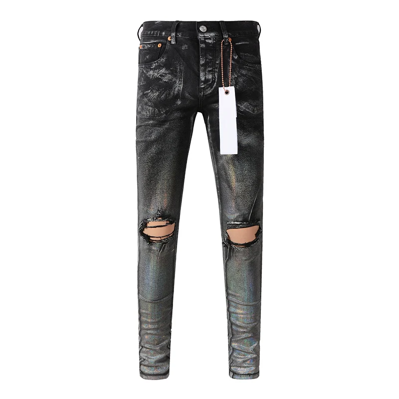 Men\'s Streetwear High Stretch Distressed Skinny Button Fly Ripped Gray Black Holes Jeans Pants