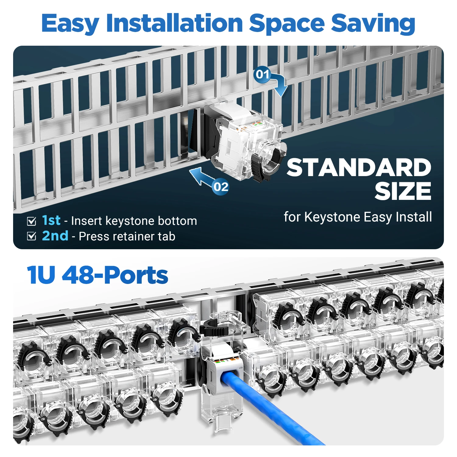 Пустая патч-панель AMPCOM Keystone 1U, 48-портовый, STP UTP, крепление в стойку с задней панелью управления кабелем для CAT5E CAT6 CAT6A CAT7 CAT8