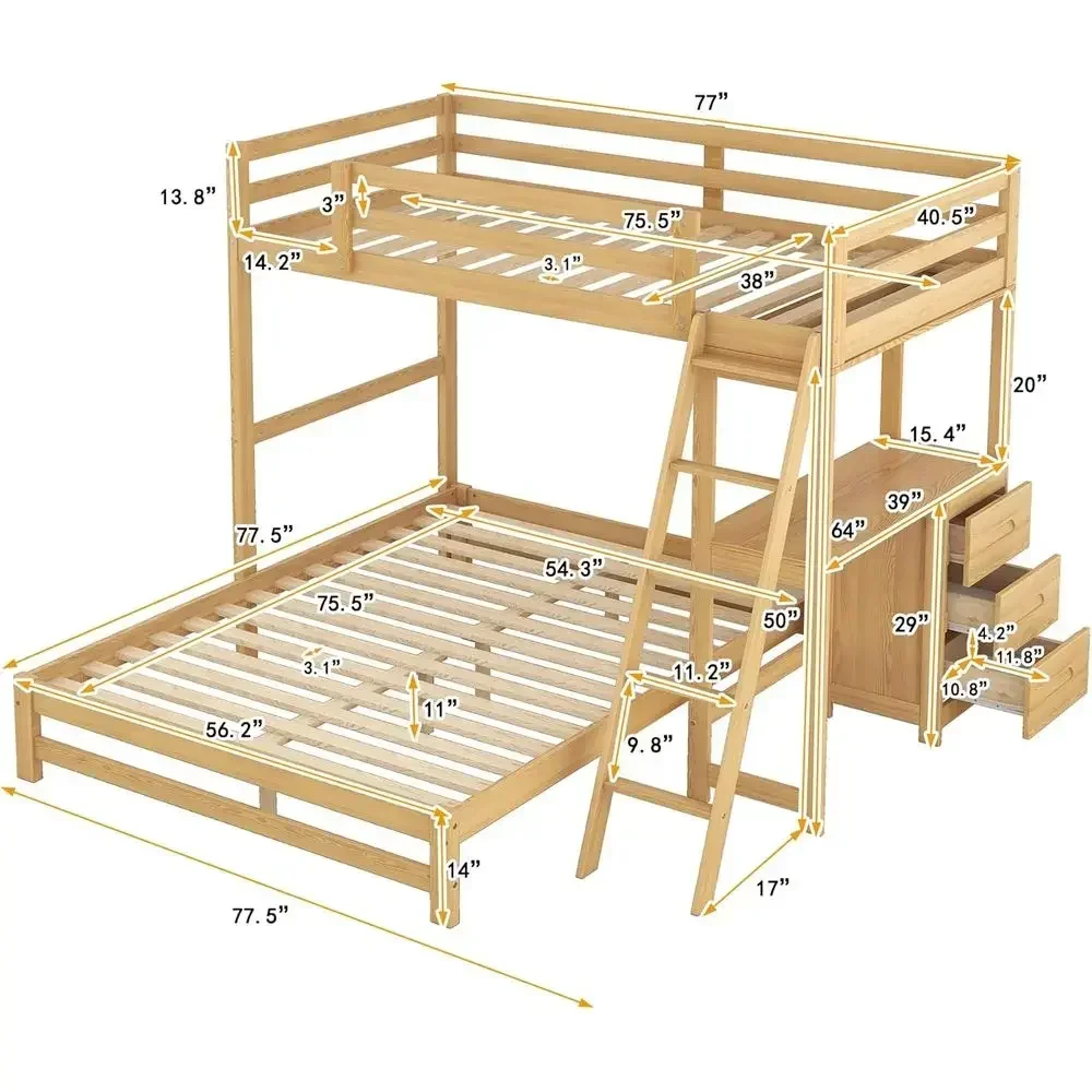 Twin Over Full Bunk Bed with Desk, Triple Drawers, Wooden Storage, Removable Bottom, Ladder & Guardrails, Natural Finish