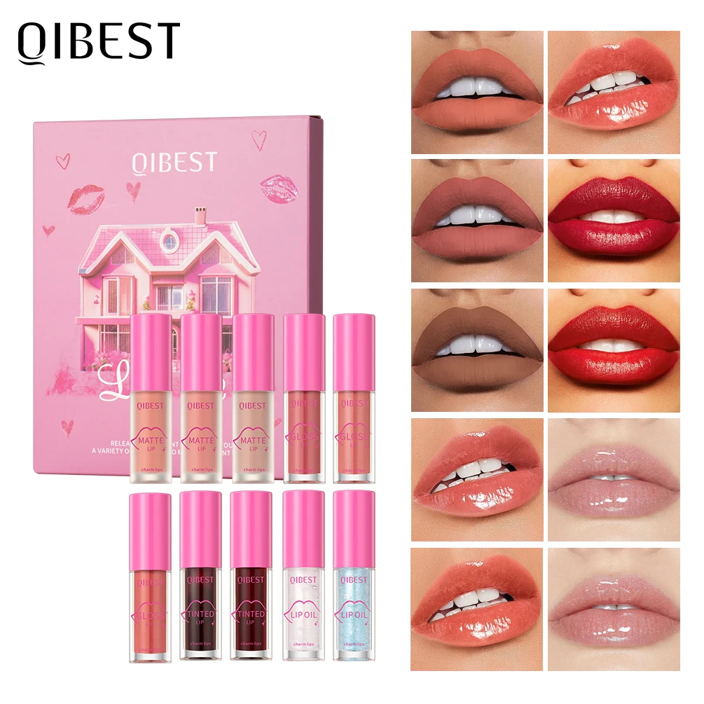 QIBEST Mirror Lip Gloss Sets Waterproof Velvet Matte Liquid Lipstick Lasting Moisturizing Sexy Red Lip Tint Makeup Lip Balm Oil