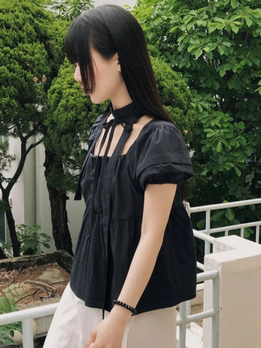 

Винтажная блузка Ele с квадратным воротником и коротким рукавом, на одной пуговице, в корейском стиле, прямого кроя, из смесового хлопка, летняя.