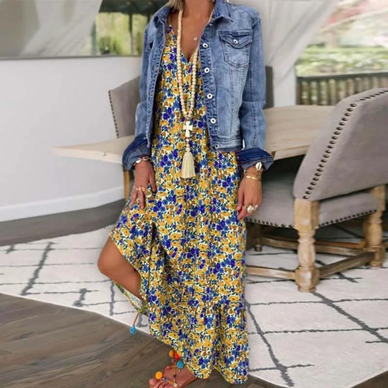 Elegante flor impressão solta suspensórios vestido de verão sexy profundo decote em v sem mangas bohe vestido longo 2023 moda feminina vestidos de festa