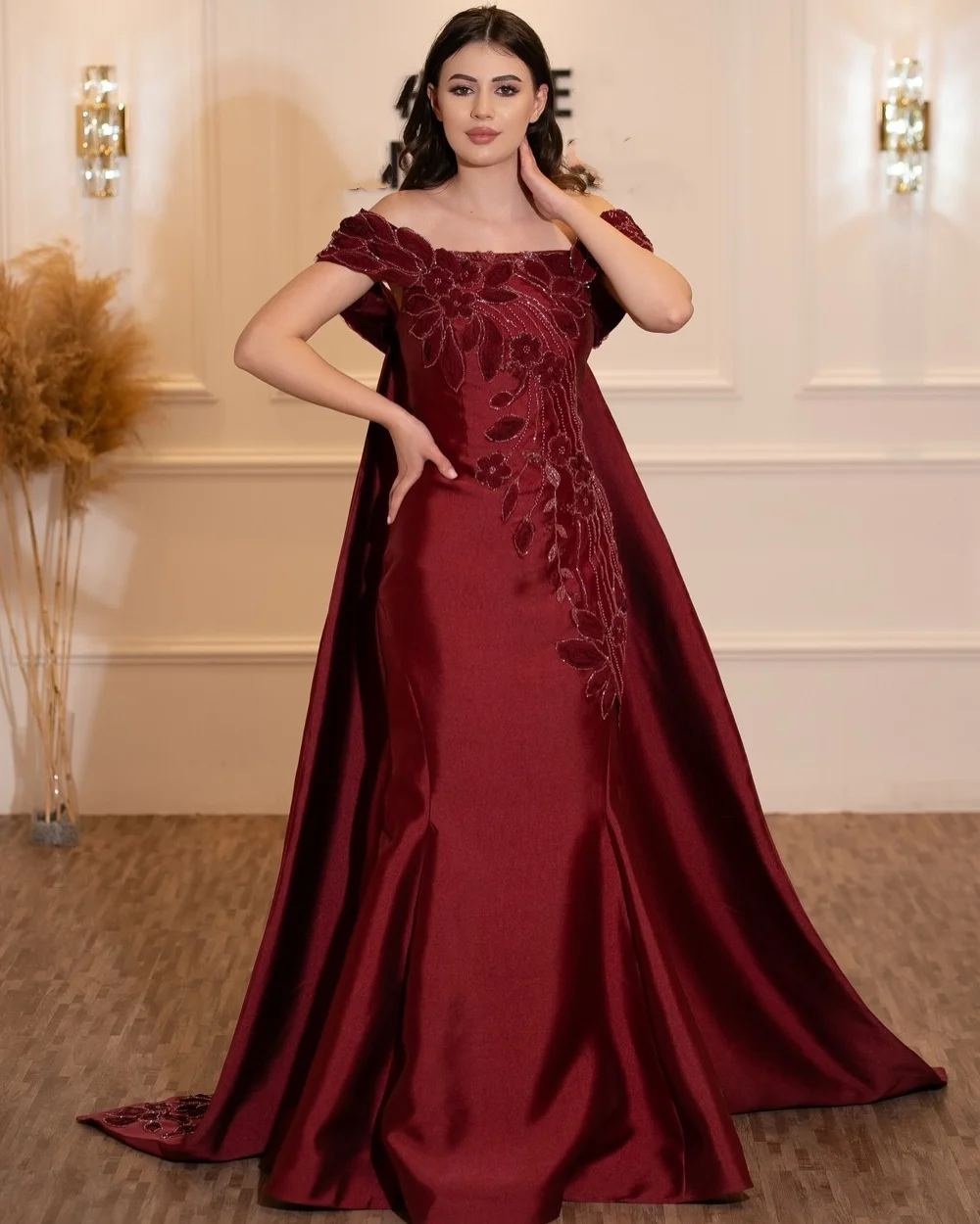 Customized Exquisite Women Charmeuse Handmade Flower Sequined Mermaid Evening Dresses Formal Off-the-shoulder Long Prom Dresses