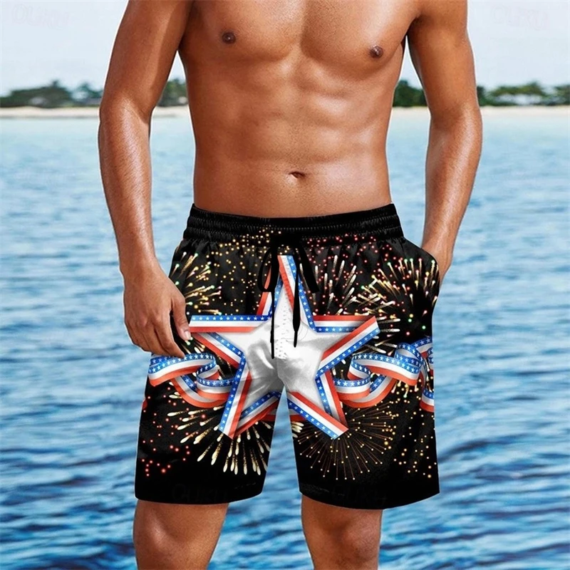 Independence Day Star Graphic Beach Short For Men 3D Print Geometric Patterns Fashion Board Shorts Summer Breathable Swim Trunks