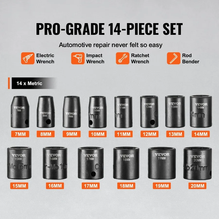 Impact Sockets Set 14pcs 6Point 3 8in Drive Bit Ratchet Tool Kit Case