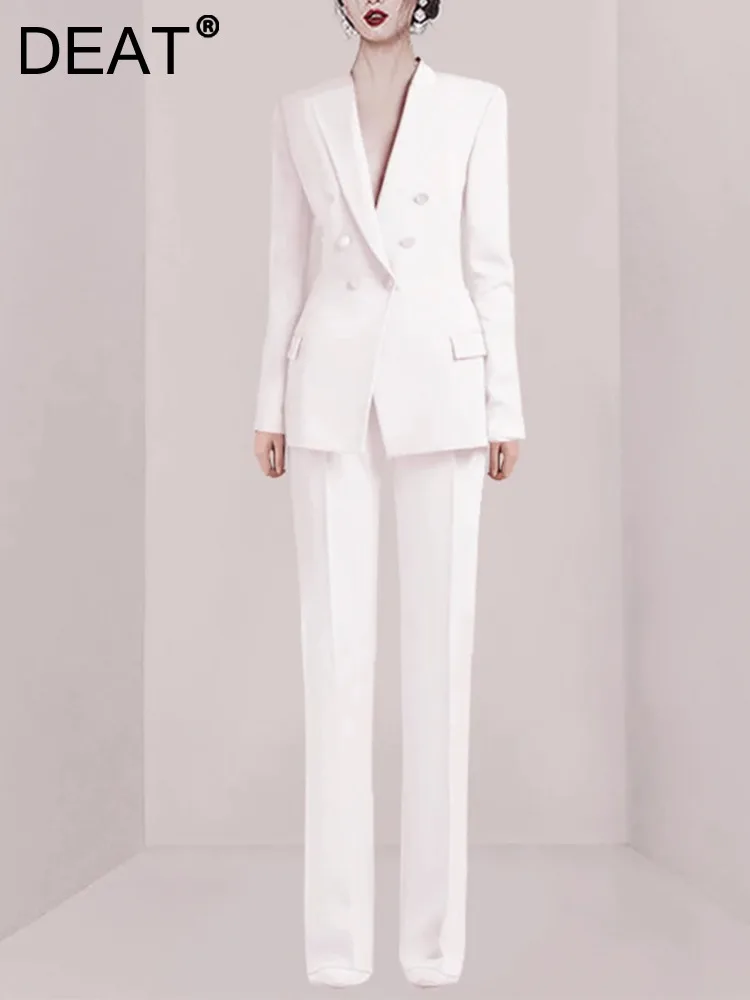 

DEAT Women Blazer Pants Sets Full Sleeve Double Breasted Top + High Waist Trousers Formal Cloth Office Lady New 2024 15KB2808