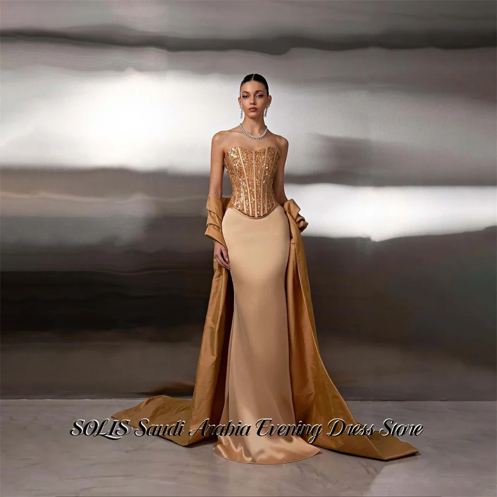 SOLIS Champagne Party Dress Strapless Evening Dress Wrap Hips Prom Gown Glitter Sequin فساتين سهره Shawl Customized