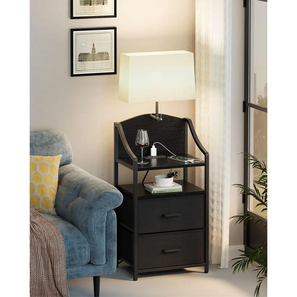 منضدة محطة شحن سوداء مع أدراج قماشية ومنفذ USB ومنافذ لغرفة النوم أو النوم