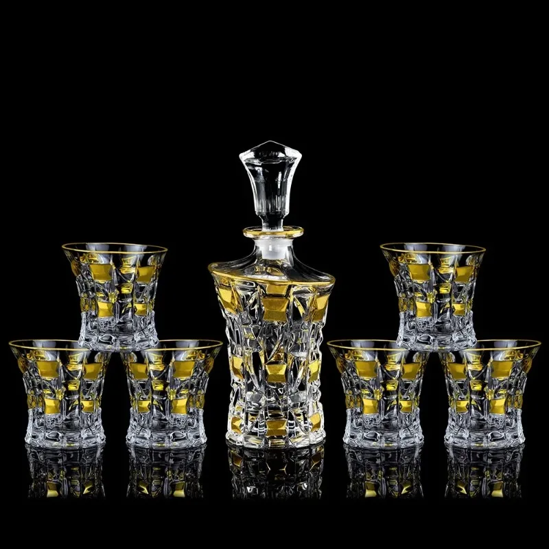 Crystal Glass Bottle and Cups Set, Red Wine Decanter, Gold Wine, Whiskey, Home Bar, Vodka, Beer Bottle Jar, JR, 7Pcs