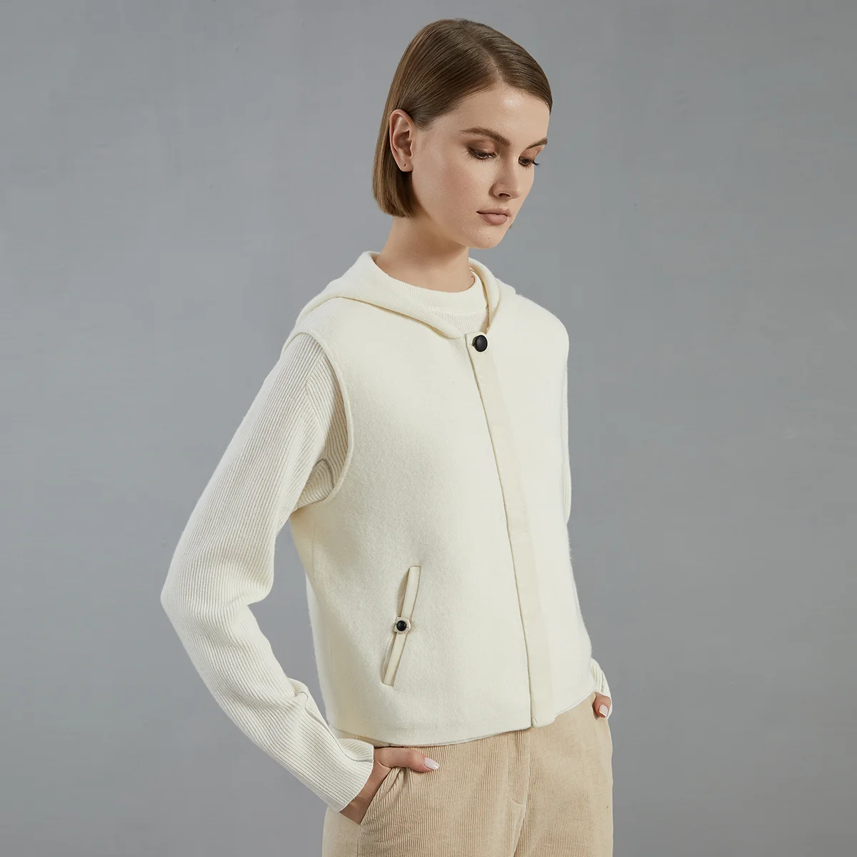 

BC775 High quality luxury women's design sense high neck 100% merino wool vest hoodie