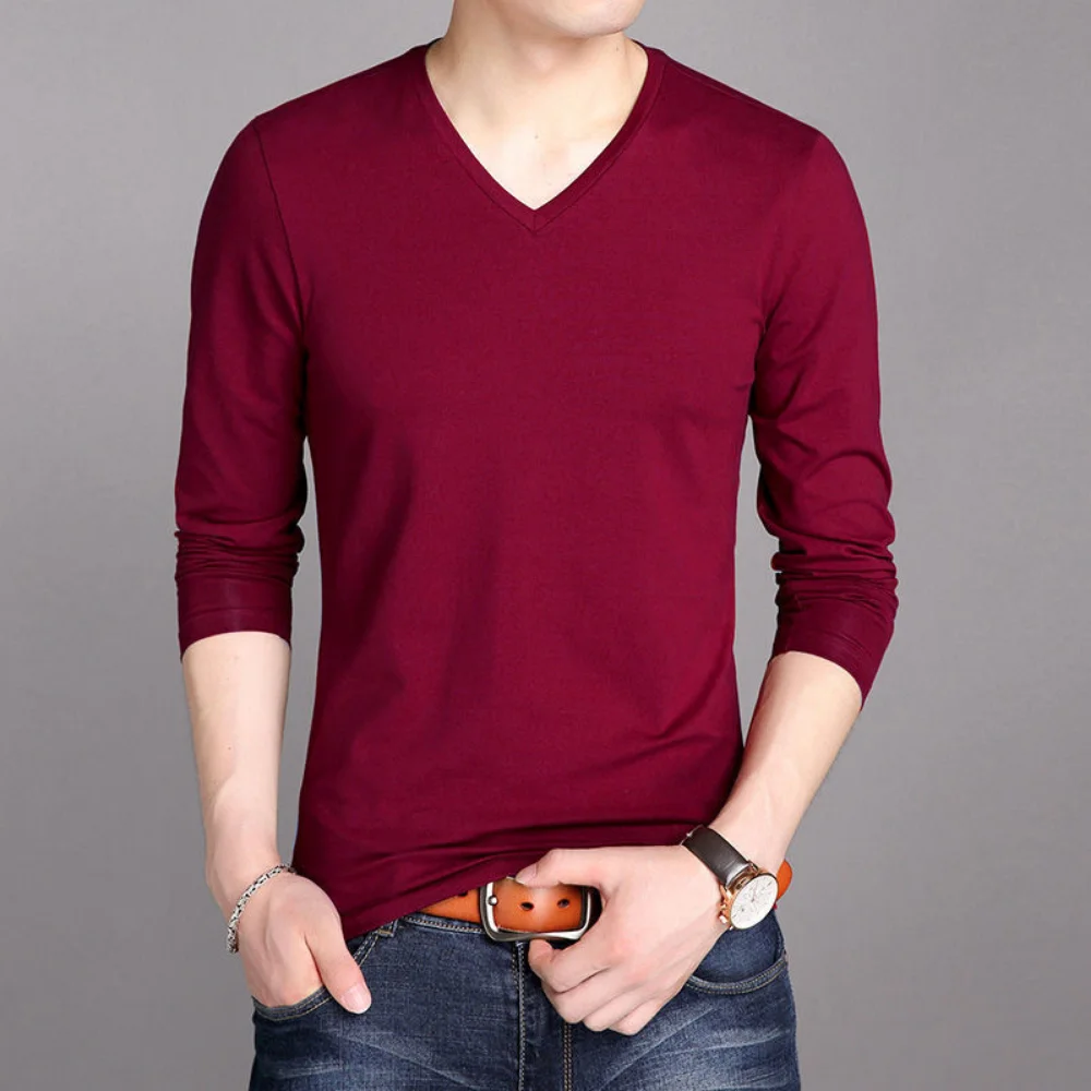 Spring and Autumn Luxury Men with Long Sleeves and V-neck Oversized Normal Casual Wear Basic Shirt Daily Wear T-Shirt