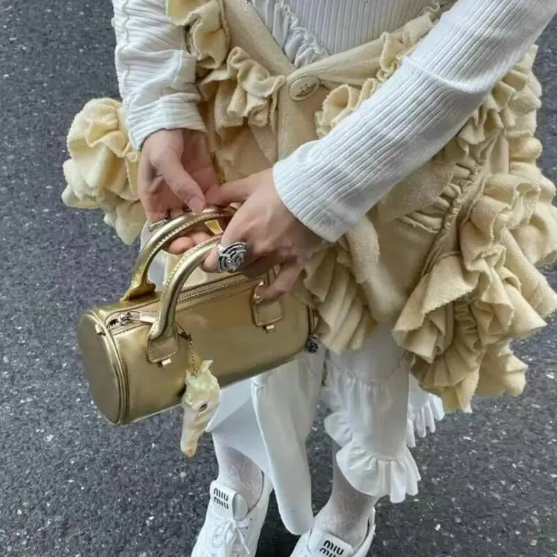 Bloom Hot Girls Gold Messenger Purse Women High Street Handle Cylinder Crossbody Bags Female Retro Y2k Hand Bag Aesthetic