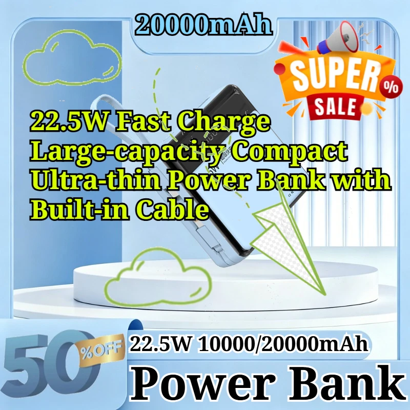 10000/20000mAh 22.5W Fast Charge External Battery Large-capacity Compact Ultra-thin Built-in Cable Universal Mobile Power Bank