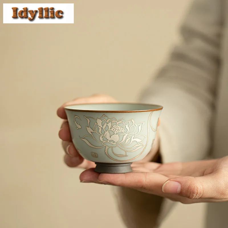 

120 мл чашка Ru Kiln Lotus, чайная чаша ручной работы, одиночные чашки, чашка с ароматом для дегустации чая, чашки Jianzhan Master, принадлежности для ча, подарок для рукоделия