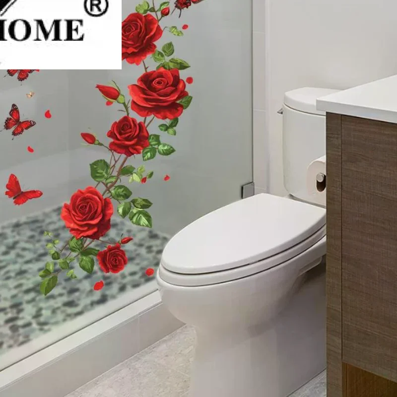 1pc Watercolor Romantic Rose Glass Stickers Suitable For Wall Decoration Bedroom Bathroom And Living Room