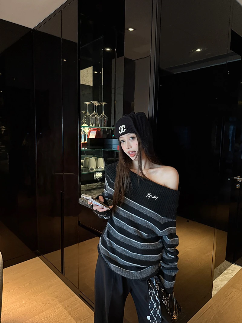 

Свободный полосатый свитер с длинными рукавами для женщин, толстовка в непринужденном стиле, универсальный топ на весну, свободная рубашка для повседневной носки, утепленная вязаная кофта