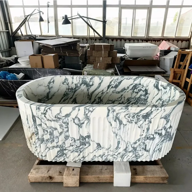 Wholesale Luxury Fluted Calacatta Arabescato Viola Marble Freestanding Bathtub For Villa Apartment Outdoor Spaces