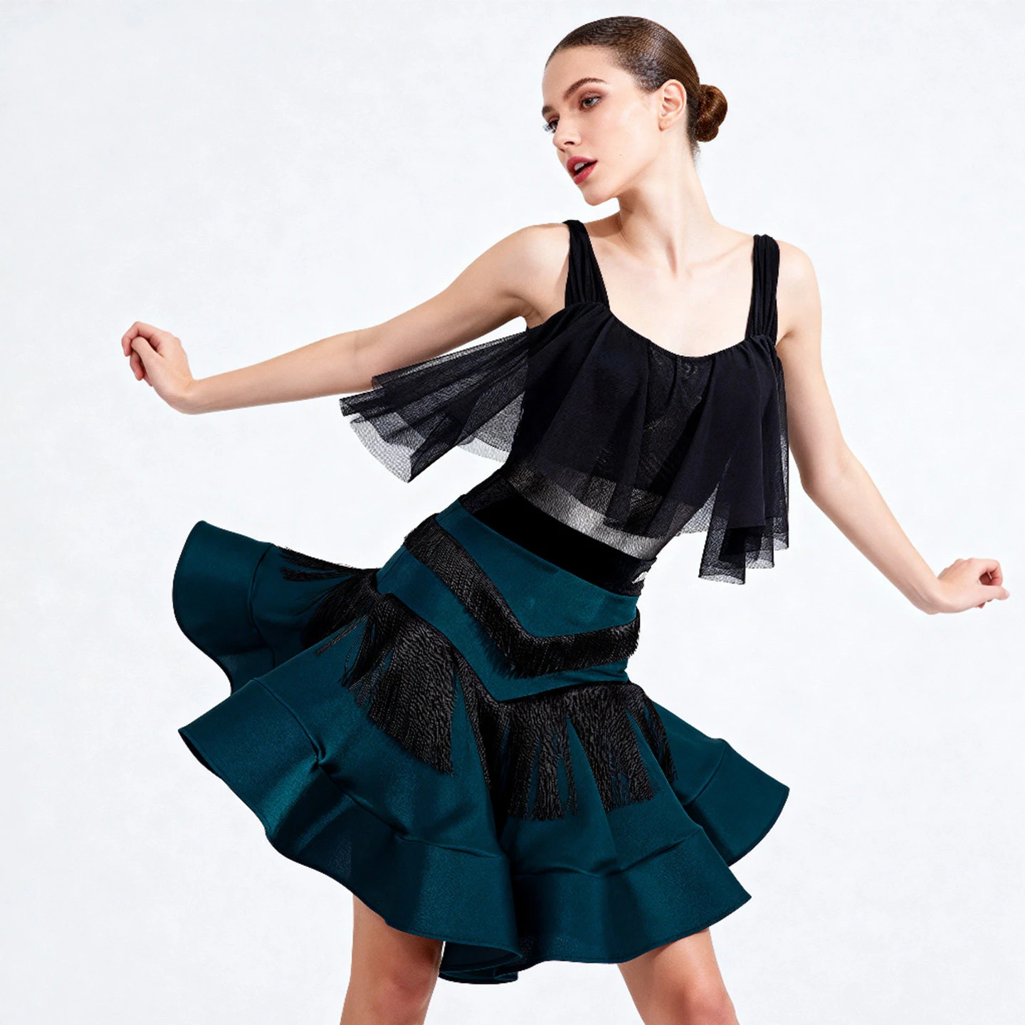 

Женское платье для латиноамериканских танцев, комплект из двух частей: сетчатый топ и юбка с бахромой и корсетными вставками, костюм для выступлений, для ча-ча-ча, румбы, танго, латиноамериканских танцев, DN22850