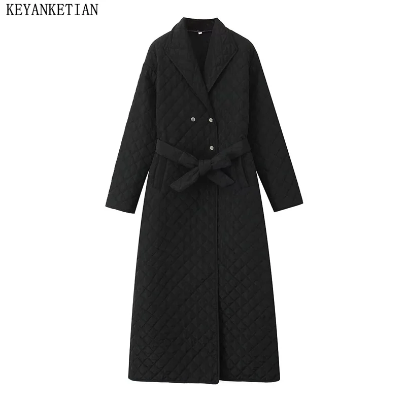 KEYANKETIAN 2024 Winter New Women's Argyle Quilted Outwear Jacket With Belt Double Breasted Thick Warm Long Black Greatcoat Top