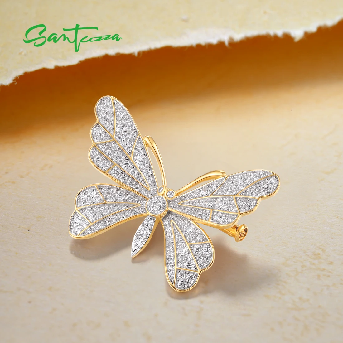 SANTUZZA Genuine 925 Silver Brooch For Women Sparkling White Cubic Zirconia Gorgeous Butterfly Birthday Gifts Chic Fine Jewelry