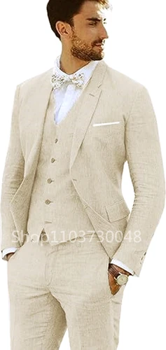 Traje de lino de 3 piezas para hombre, traje informal de un solo pecho, chaqueta ajustada, chaleco, pantalones, solapa de muesca, color Beige/azul, alta calidad