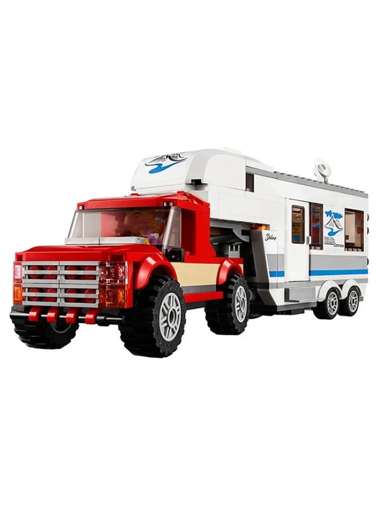 Stadt Serie 60182 Pickup Caravan Auto Bausteine Ziegel Eltern-Kind-Camping Wohnmobil Spielzeug für Kinder Weihnachtsgeschenke im Freien