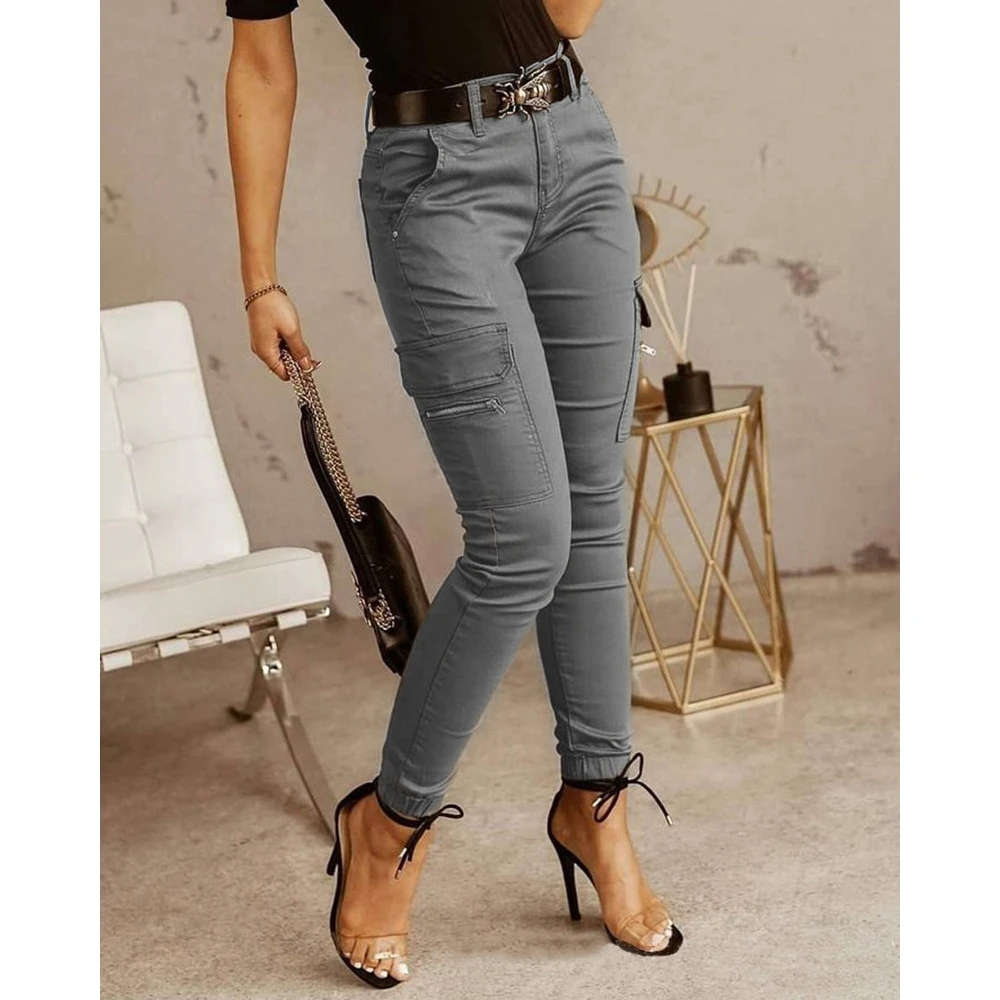 

Low Waist Cargo Pants with Pockets Pure Color Cuffed Street Style Loose Fit Women's Jeans Cotton Fabric Micro Stretch