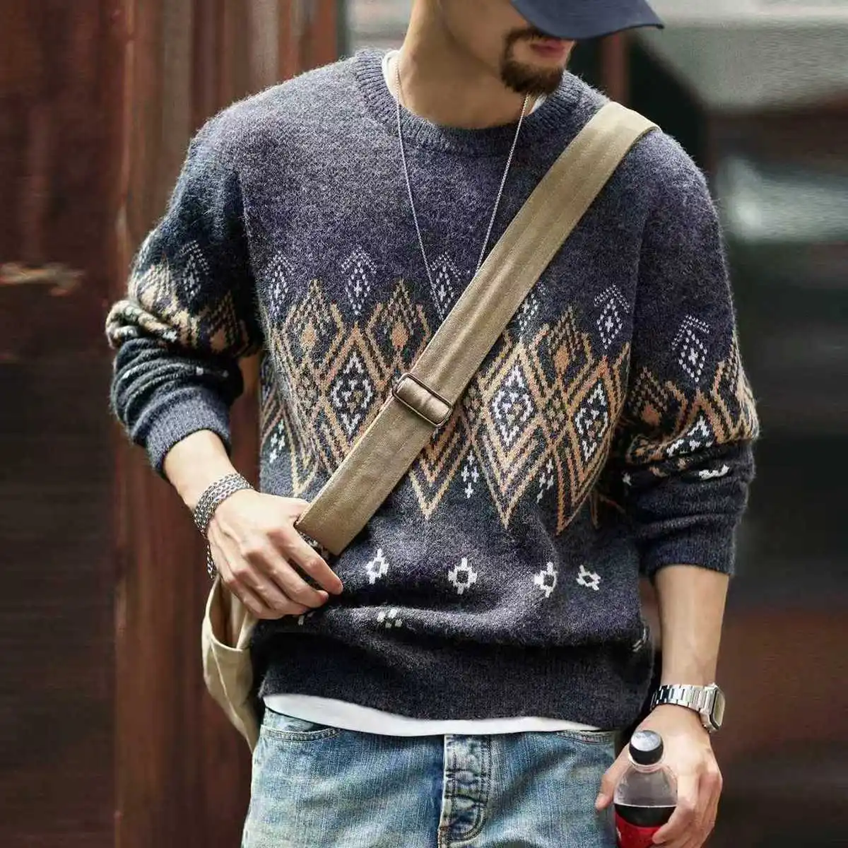 Men's Dark Grey Sweater Fall Winter Crew Neck Ethnic Geometric Jacquard Warm Oversized Loose Vintage Casual Knit Pullover Top