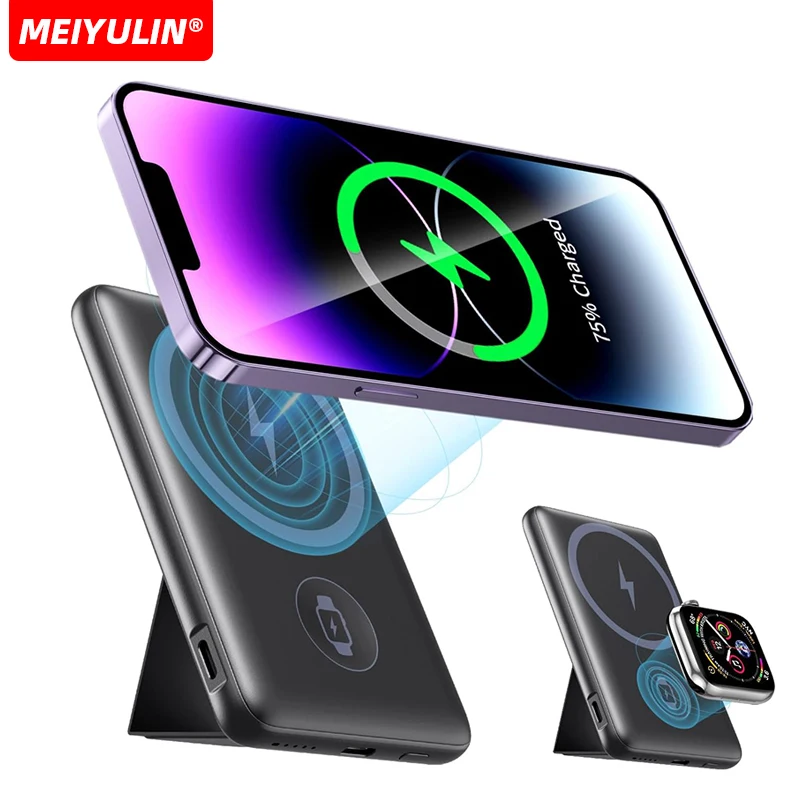 10000mAh Magnetic Wireless Power Bank for Apple Watch Portable Fast Charging External Battery Stand for iPhone 16 Samsung Xiaomi