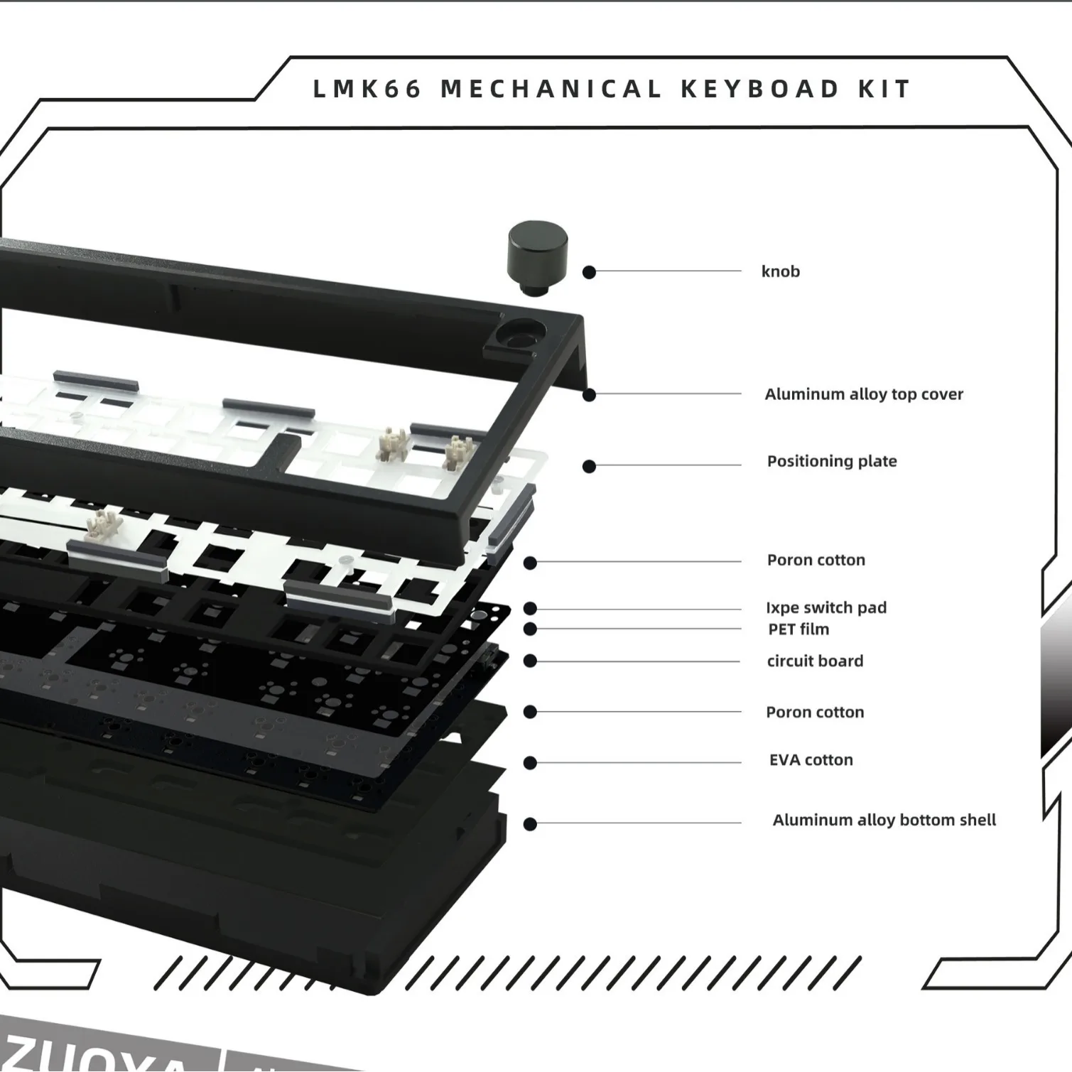 Imagem -03 - Junta de Liga de Alumínio Teclado Mecânico Kit Faça Você Mesmo com Botão Modo Triplo 65 Layout 66 67 Chaves Hot Swappablergbcncvia Lmk66