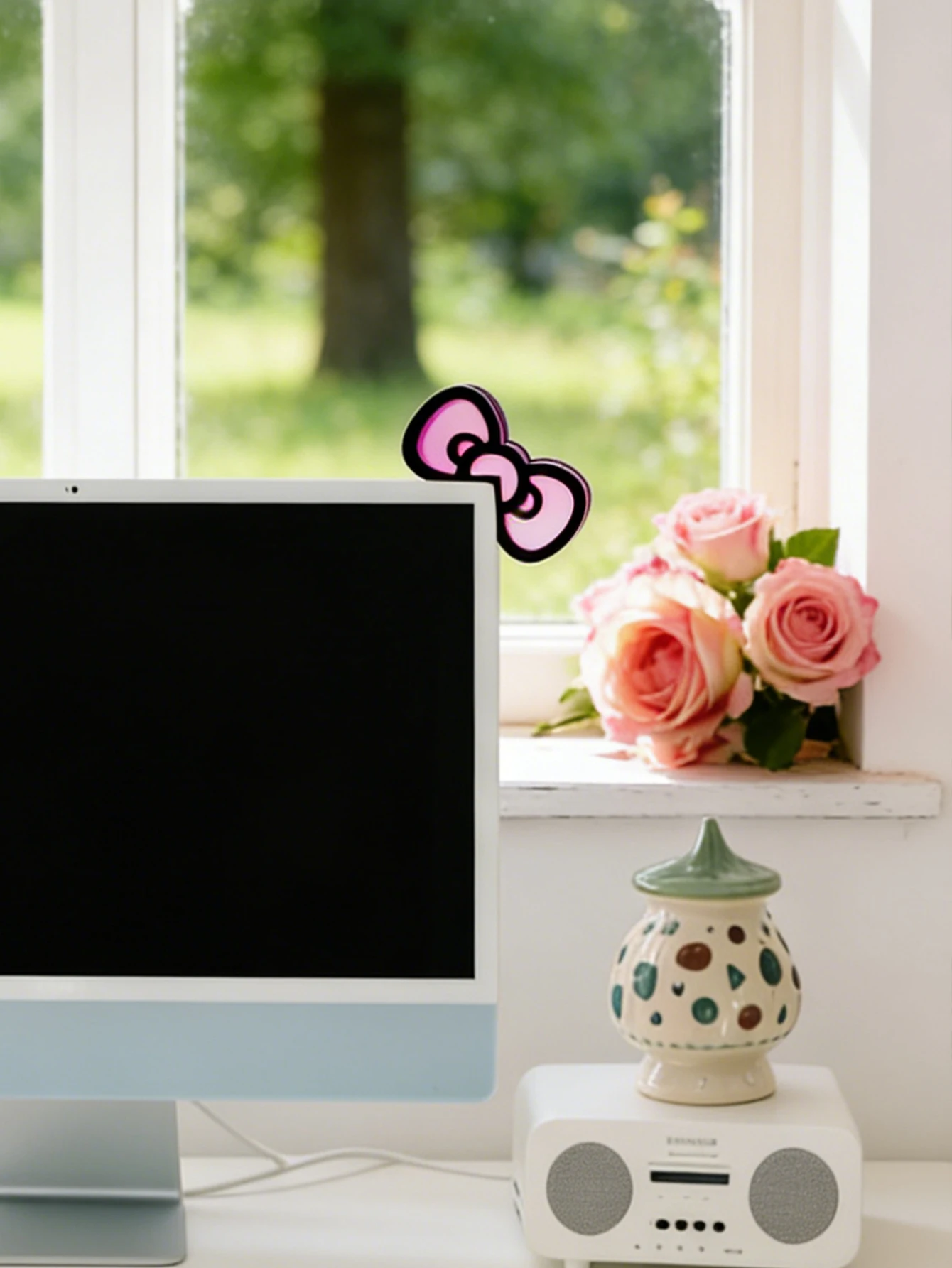 Niedliche Computer-Monitor-Dekoration, rosa Schleife, Katzenohrform, Ornamente, Kawaii-Desktop-Dekoration für PC, Laptop, Zimmer, Schreibtisch, Dekoration, Mädchen-Geschenk – Detail 17