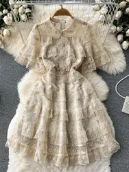 New Summer Pink Lace Embroidery Mini Dress Female Short Sleeve High Waist Ruffles Elegant Runway Cascading Vestidos N6922