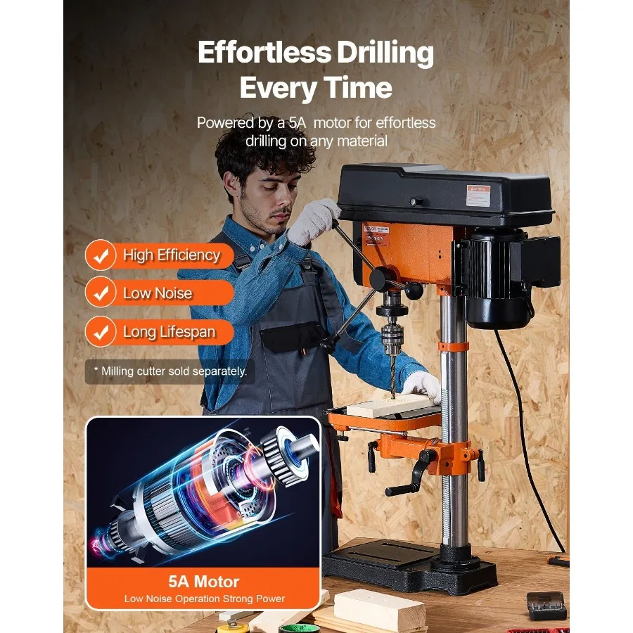 12インチ卓上ボール盤、5アンペア、120V可変速、鋳鉄製、旋回距離12インチ、0.45°傾斜作業台付き