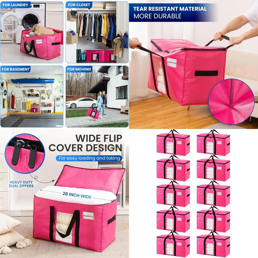 

Набор из 10 розовых мешков для переезда XL - прочные, с прозрачным окном и удобными ручками для переноски, идеально подходят для хранения и экономии места