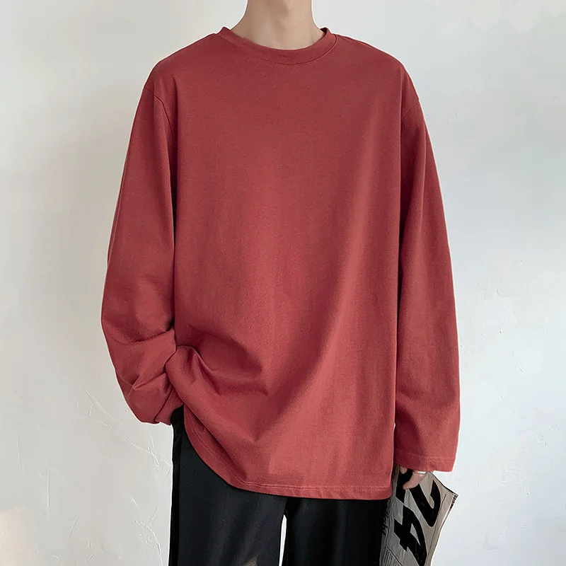 Spring Autumn Crew Neck Pullover Long Sleeve T-Shirt Men's Simple Style Solid Color Loose Tops Male Casual Teenagers Trend Tees