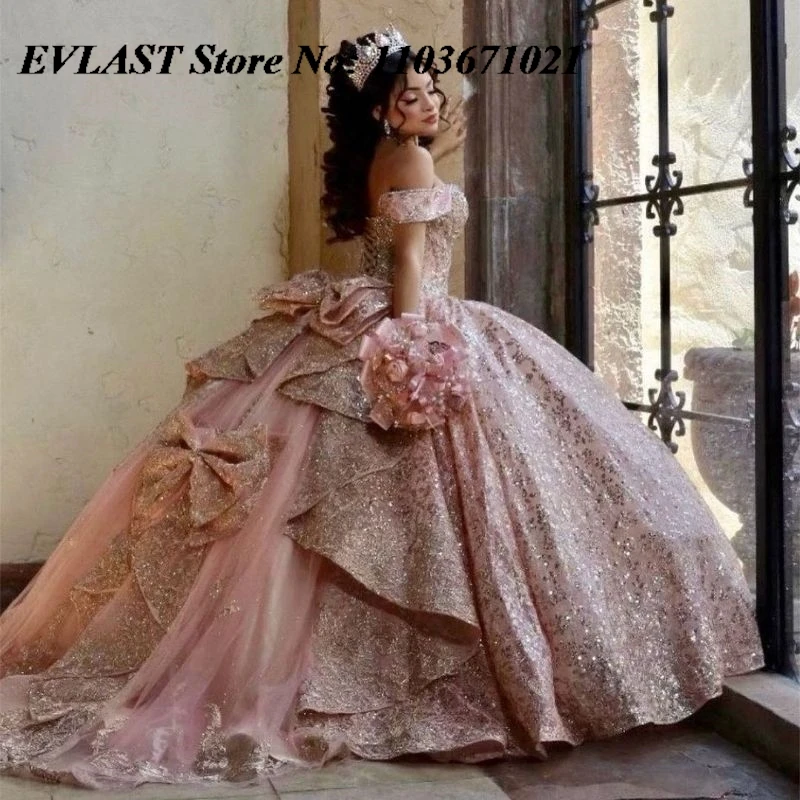 

EVLAST Shiny Pink Quinceanera Dress Ball Gown Sequins Lace Applique Beading With Bow Corset Sweet 16 Vestidos De XV 15 Anos SQ1