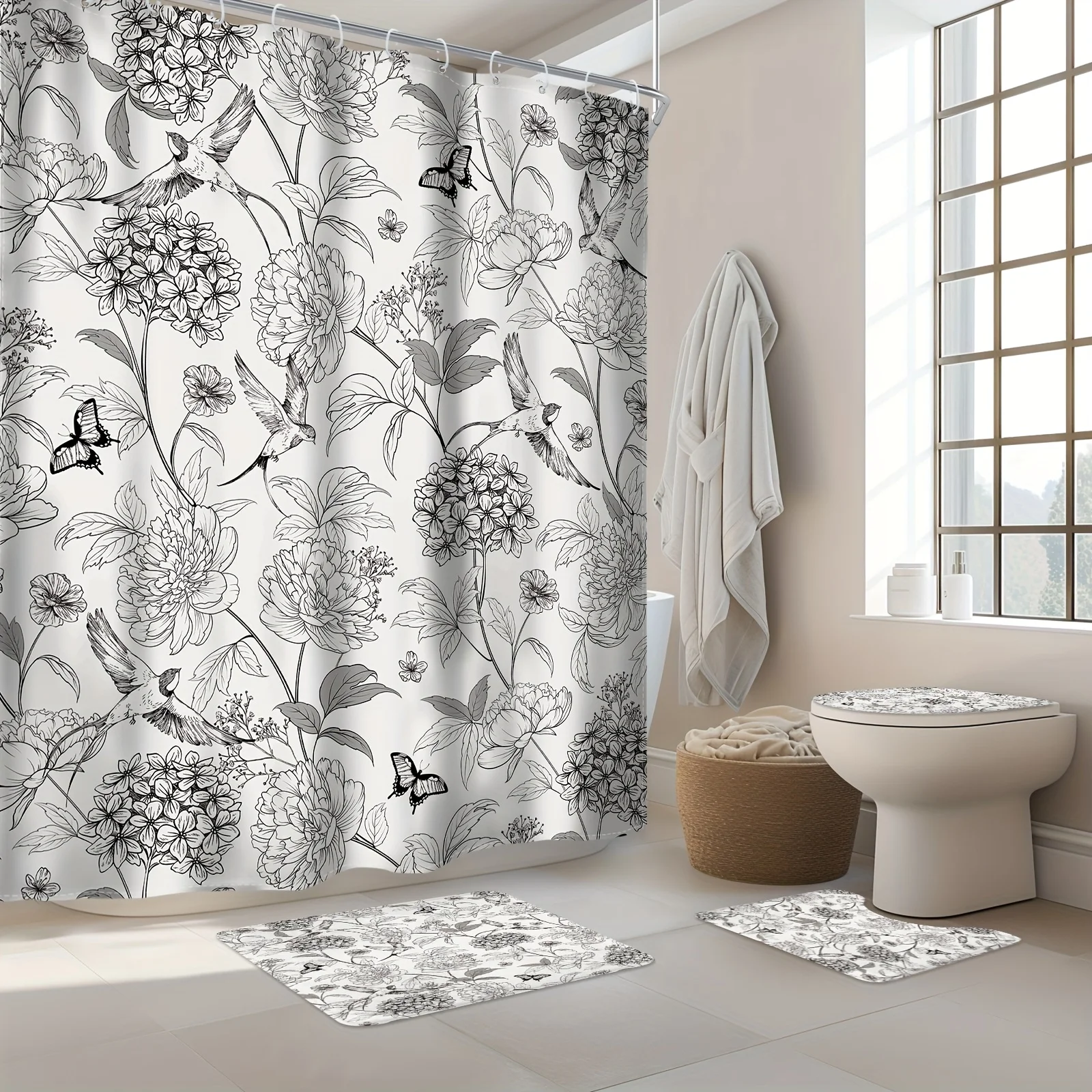 

4-piece set of peony flowers, birds, butterflies, plants, leaves, art with hooks, non-slip mats, U-shaped mats, toilet mats