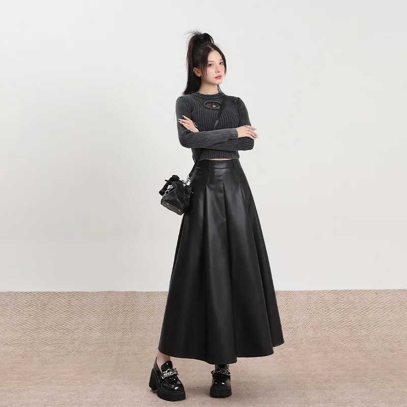 GUUZYUVIZ PU Vintage Large Swing A-line Versatile High Waist Leather Skirt Woman