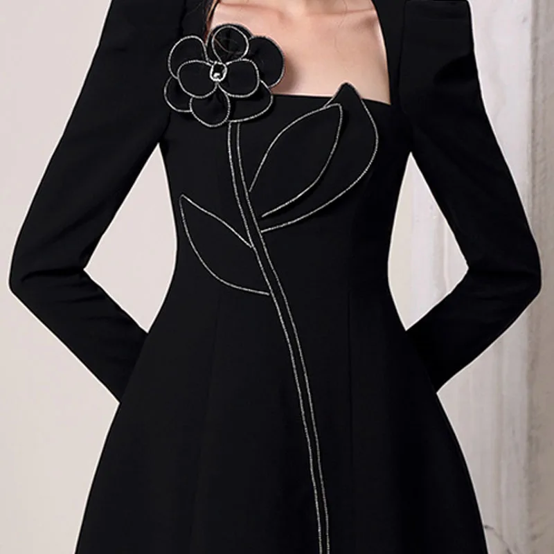 Women's new three-dimensional flowers elegant temperament square collar little black Semi-formal dress