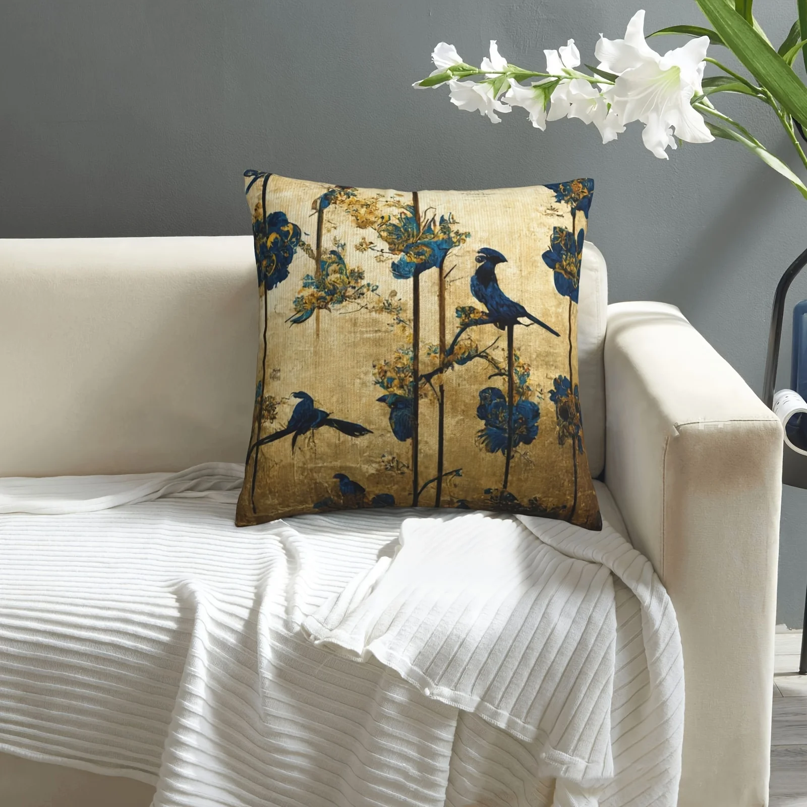 Double Sided Chinoiserie Blue Bird Throw Pillow Cover Vintage Golden Floral Print Decorative Cushion Case for Couch Home Decor