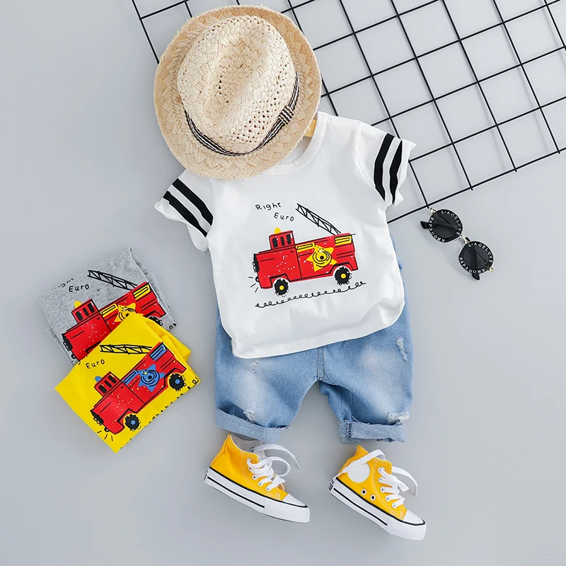 

Summer Toddler Infant Clothing Sets Baby Boys Outfit Casual Style Kids Clothes Children Cartoon Car Cotton T Shirt Denim Shorts