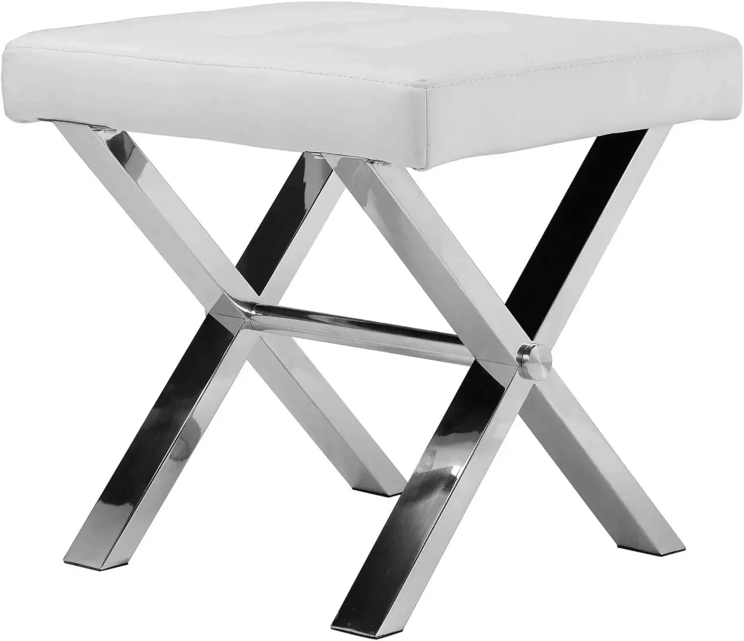 

Benjara Tia 18 Inch Accent Stool Ottoman, Faux Leather Top, Steel Legs, White and Chrome