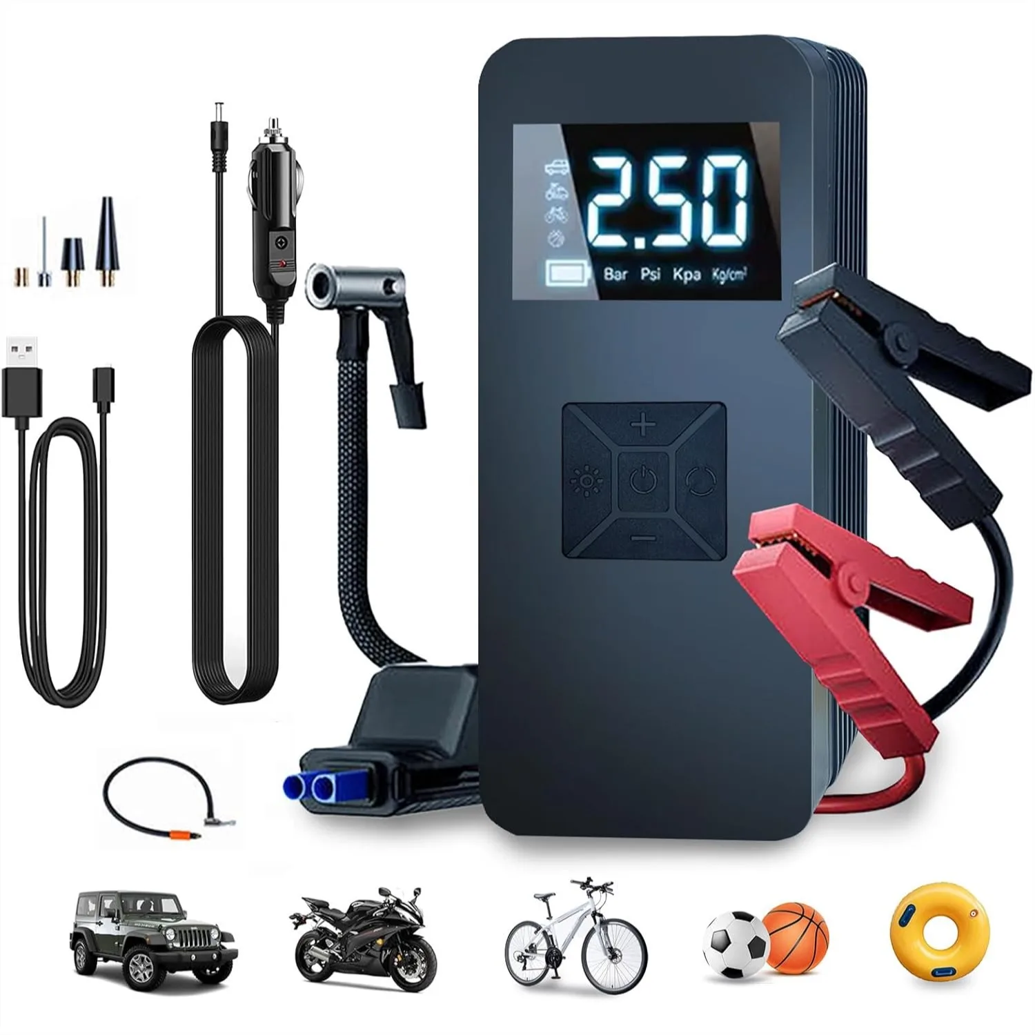 

Portable Jump Starter with Air Compressor, 8000A Peak 14.8V Car Battery Jump Box, 150PSI Tire Inflator with LCD Display and LED