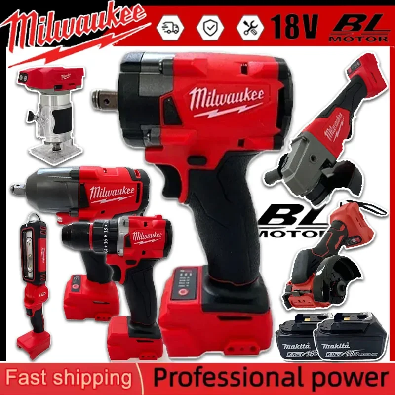 Milwaukee-Werkzeuge wie Entfernungsmesser, Winkelschleifer, elektrische Schraubenschlüssel, Bohrmaschinen, Gebläse und Schlagschrauber für 18-V-Akkus