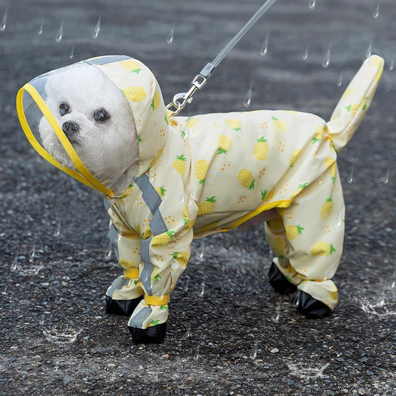 Yellow Pineapple Dog Clothes Leashable Pet Raincoat Fruit Full Print Four Legs Rain Poncho Puppy Waterproof Clothes