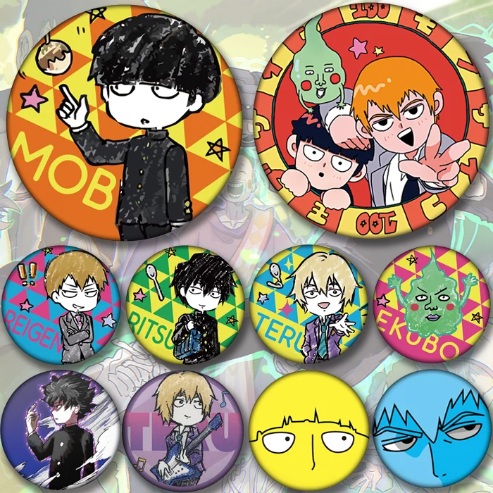 58mm Anime Mobu Saiko Hyaku Mob Psycho 100 Reigen Arataka Cosplay Emblem Brosche Abzeichen Anhänger Dekoration Geburtstag Weihnachts geschenk