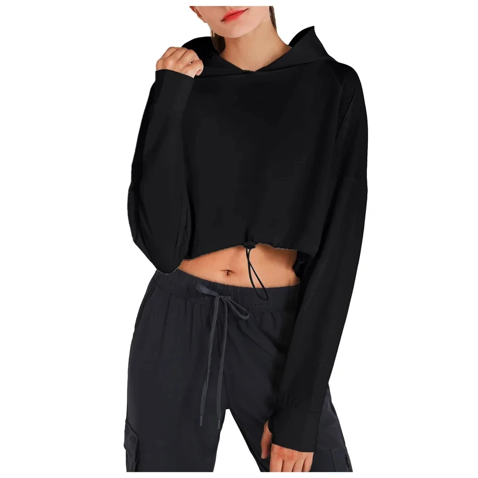 

Cropped Sweatshirts For Women Lightweight Running Workout Yoga Sportwear Solid Long Sleeve Pullover Hoodie With Thumb Holes